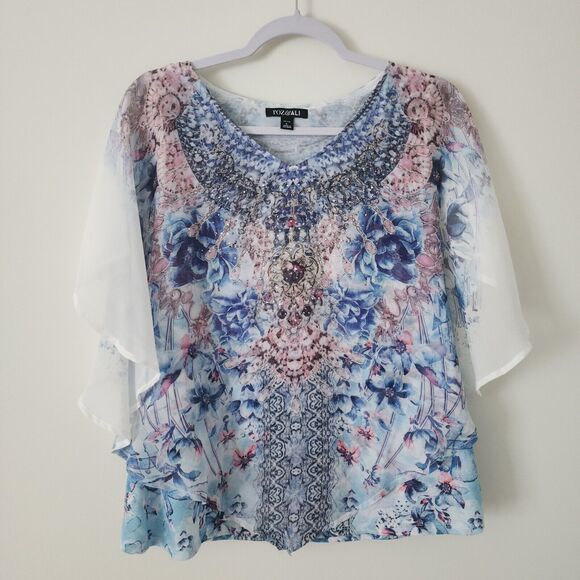 Roz & Ali Petite Womens Overlay Blouse Size PL Blue White Embellished Layered - Picture 1 of 7